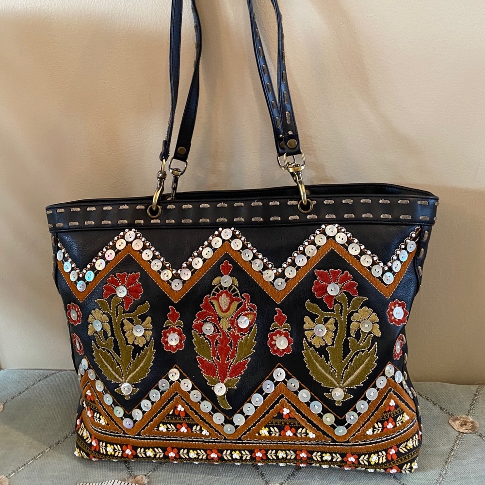 Isabella Fiore Leather Beaded Handbag  Tote